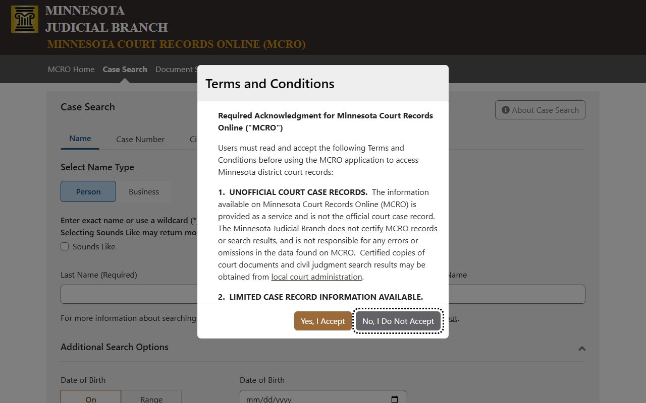 Minnesota Court Records Online case search access screen