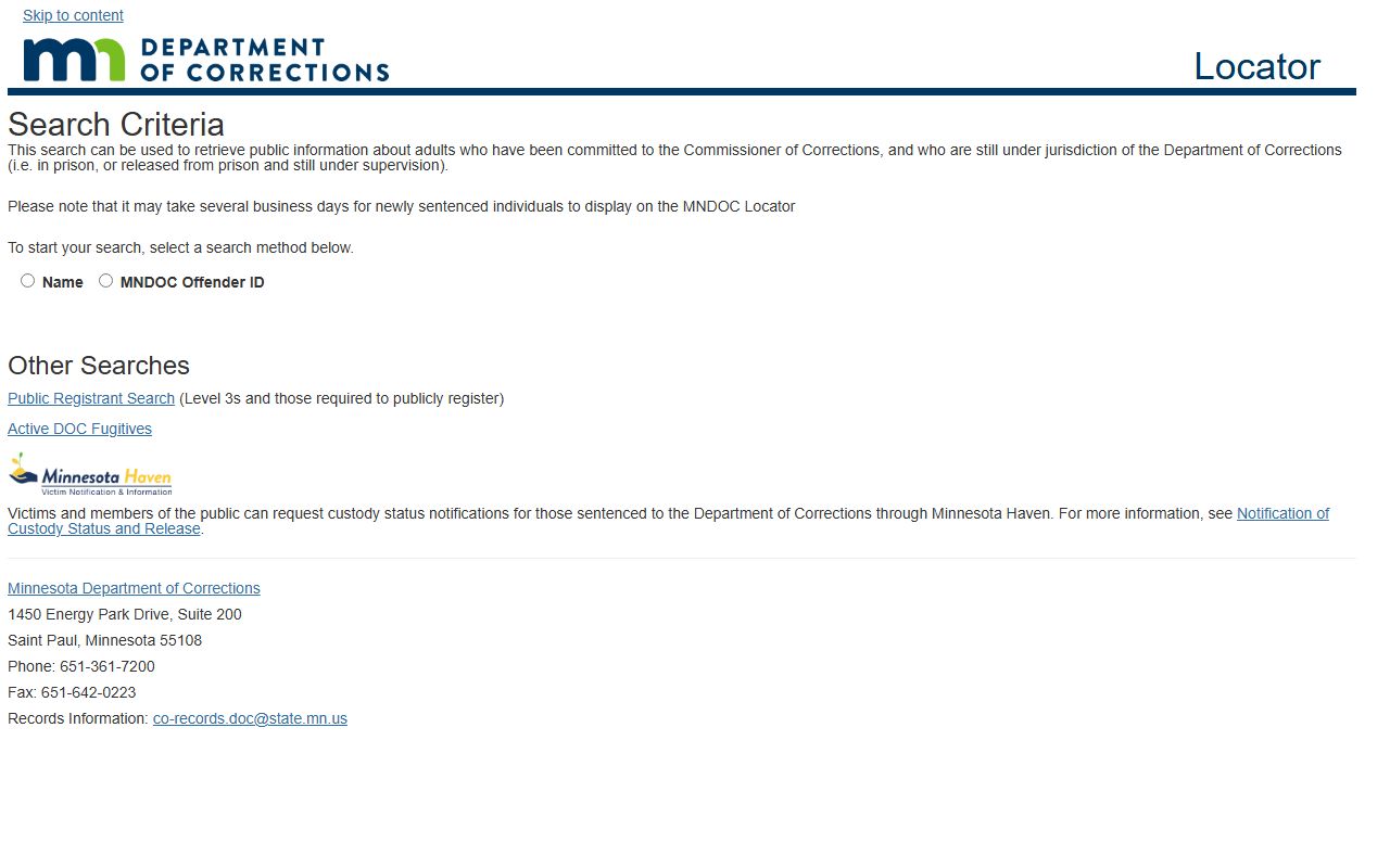 Minnesota DOC public inmate locator search page