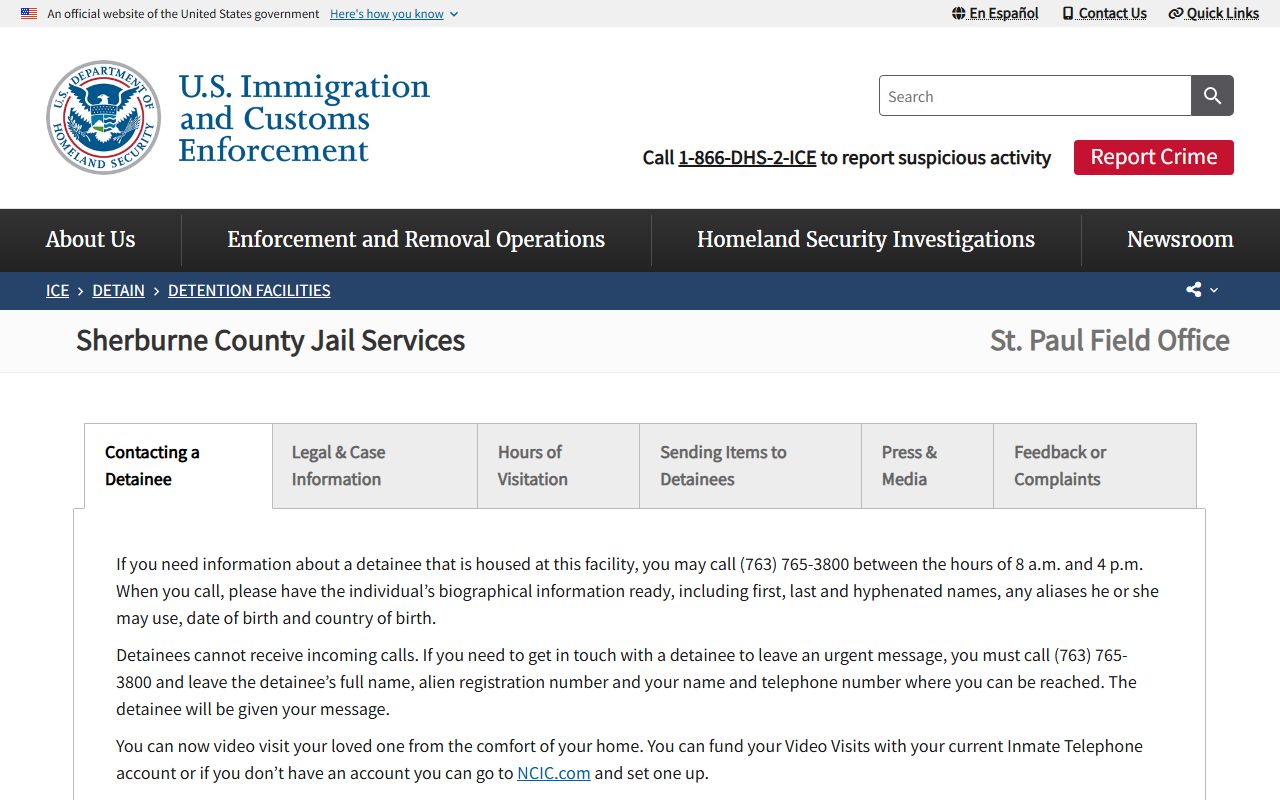 ICE Sherburne County Jail Services detention facility page